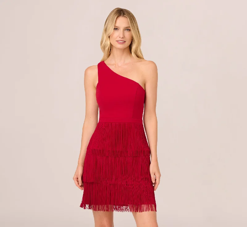 Wedding guest dresses with classic fit-and-flare silhouettes -One Shoulder Fringe Mini Dress In Matador Red