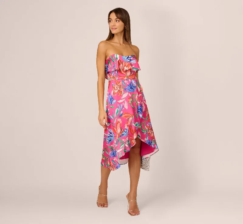 Best wedding guest dresses for rustic-themed celebrations -Tropical Floral Sateen Strapless Midi Dress With Ruffle Accent In Pink Multi