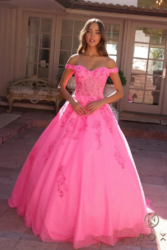 cocktail dresses with adjustable straps for comfortable fit --Floral Applique Off Shoulder Ball Gown by Nox Anabel H1352
