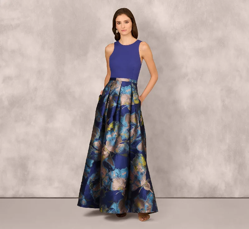 formal dresses for senior women with classic cuts --Sleeveless Floral Jacquard Combo Ballgown In Blue Yellow Multi