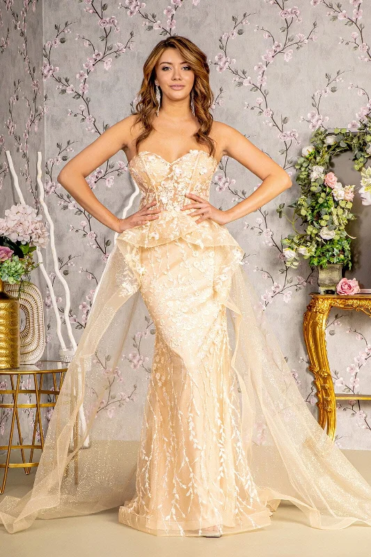 formal dresses with satin fabric for smooth finish --Fitted Applique Strapless Overskirt Gown by GLS Gloria GL3256