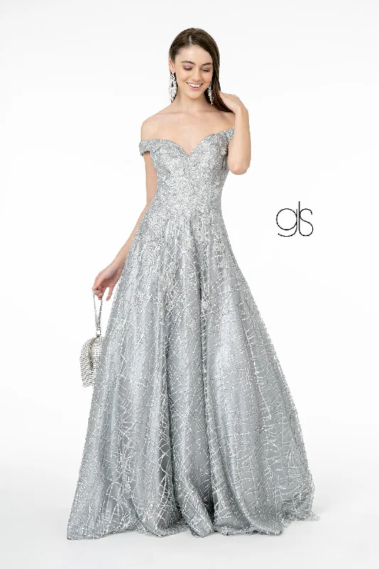formal dresses with lace necklines for feminine touch --Sequin Embroidered Long Off Shoulder Dress by Elizabeth K GL2944