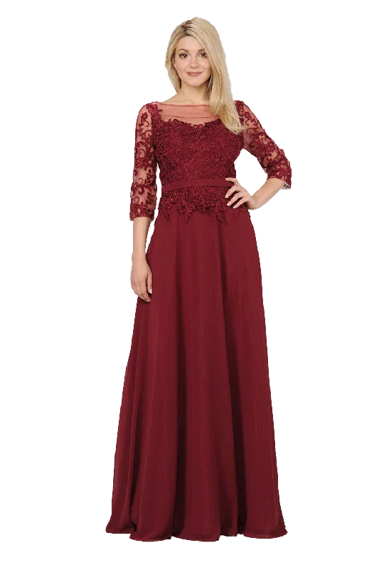 bridesmaid dresses with detachable trains for multiple looks --Long Chiffon Dress with Sheer Lace Sleeves by Poly USA 7598