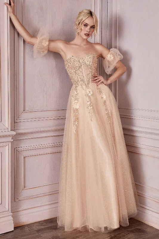 Wedding guest dresses with subtle sequins for a touch of sparkle -Applique Strapless Gown by Cinderella Divine CD0191
