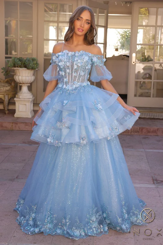 formal dresses for winter weddings with velvet and long sleeves --3D Floral Off Shoulder Ball Gown with Shorts by Nox Anabel H1360