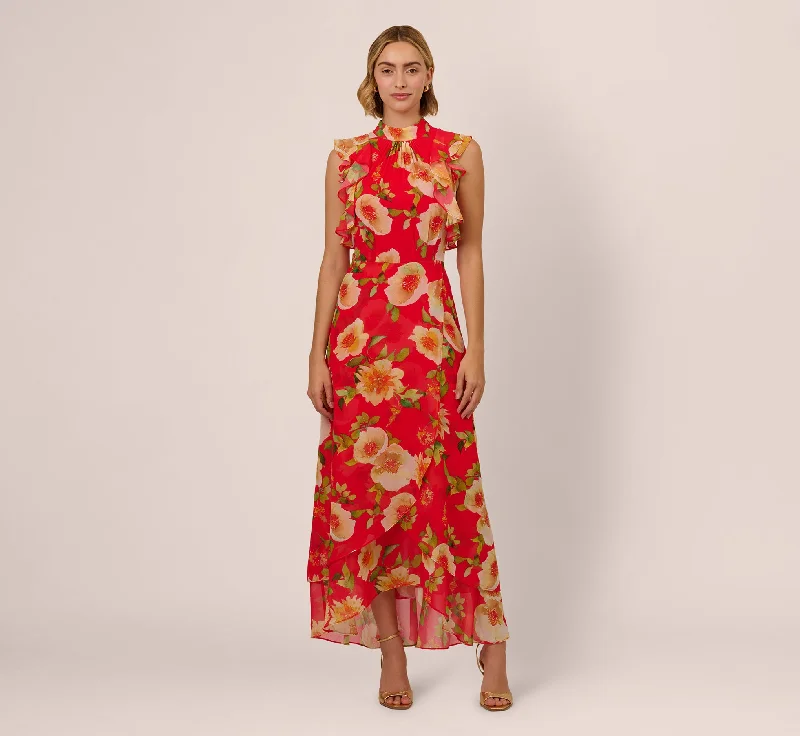 Affordable floral spring dresses for under $100 -Printed Chiffon Mock Neck Ankle Dress In Coral Multi