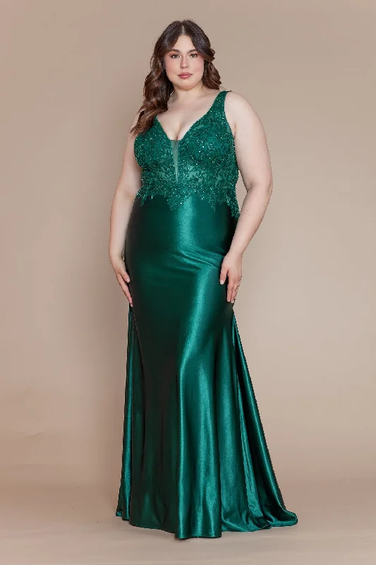 Wedding guest dresses for destination weddings by the sea -Plus Size Fitted Embroidered V-Neck Gown by Poly USA W1160