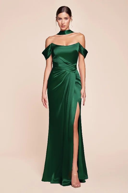 bridesmaid dresses with floral prints for spring weddings --Satin Fitted Off Shoulder Slit Gown by Ladivine 7452