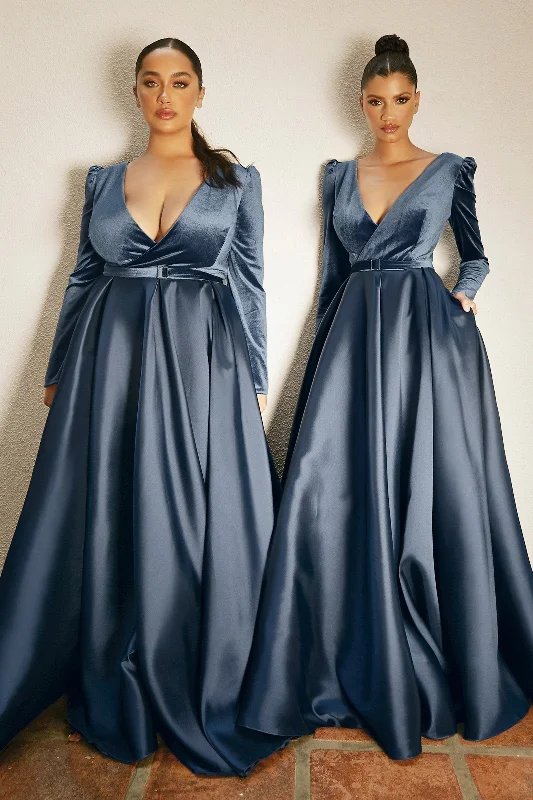 long bridesmaid dresses with side slits for ease of movement --Long Sleeve Velvet Gown by Cinderella Divine CD226
