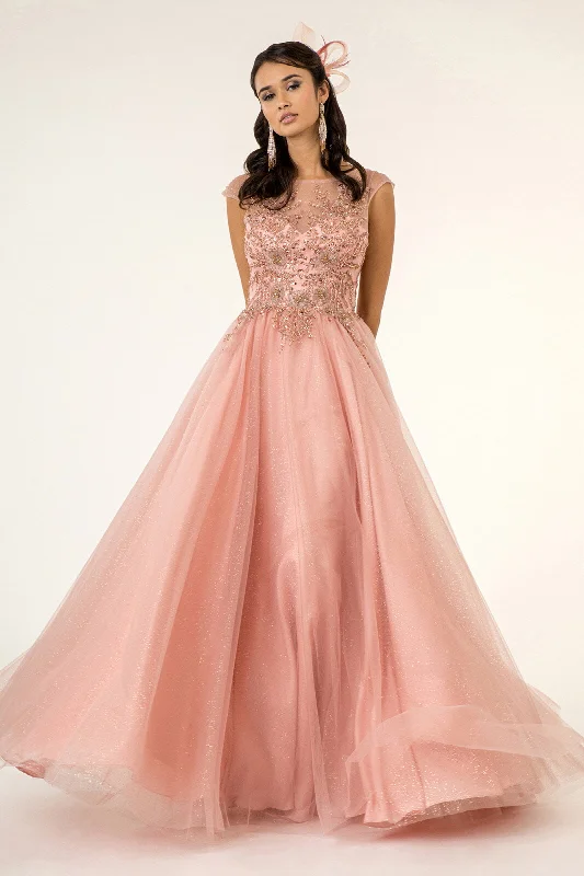 Classic black wedding guest dresses for timeless style -Long Beaded Cap Sleeve Dress by Elizabeth K GL1954