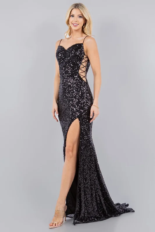 formal dresses with built-in bras for added support --Fitted Sequin Sleeveless Slit Gown by Cinderella Couture 8078J