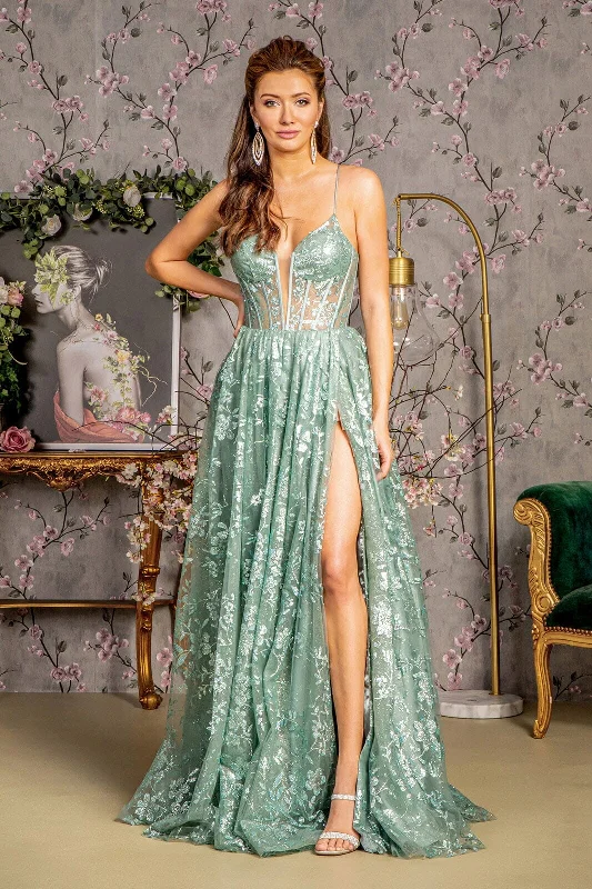 cocktail dresses with layered skirts for dramatic effect --Sequin Print Sleeveless A-line Slit Gown by GLS Gloria GL3254