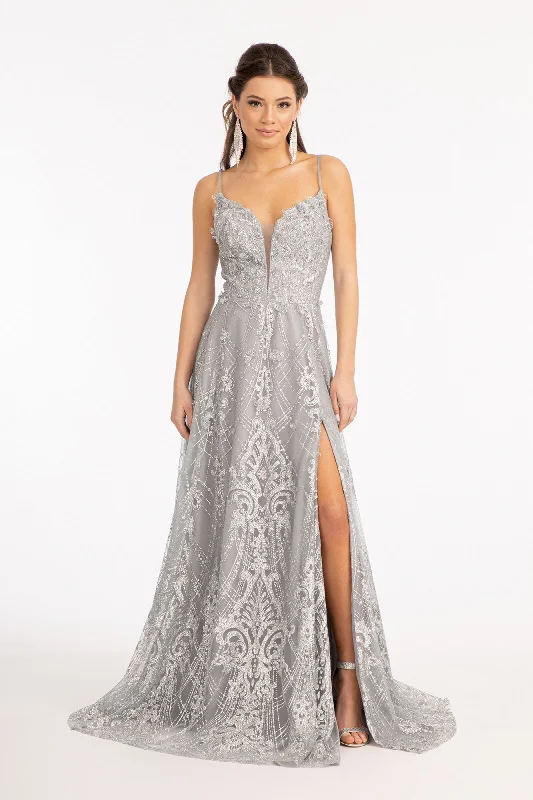 formal dresses with built-in bras for added support --Long Glitter Print Dress by Elizabeth K GL3031