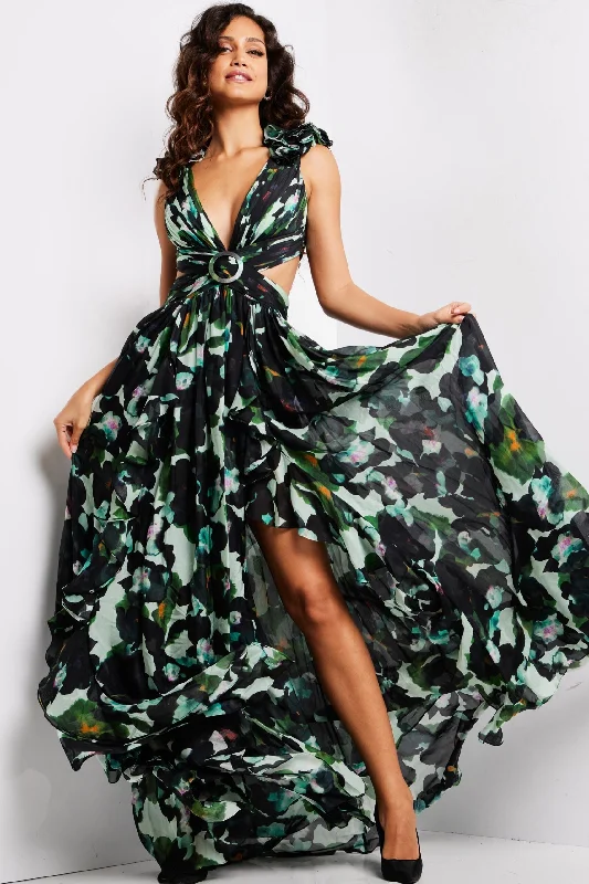 formal dresses for winter balls with faux fur accents --Print Sleeveless A-line Slit Gown by Jovani 39420