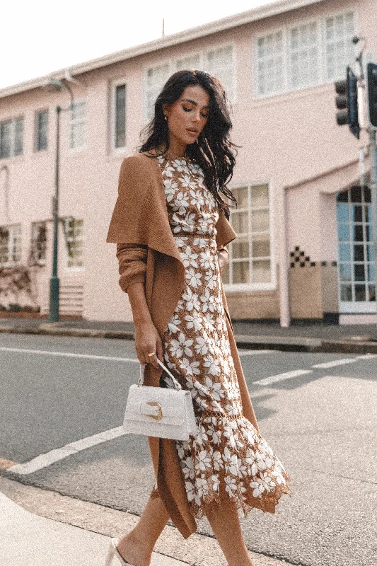 affordable formal dresses under $100 for prom --Pierre Long Sleeve Lace Maxi Dress - Mocha