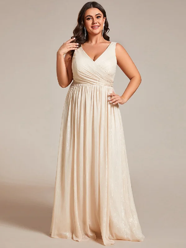 formal dresses with adjustable waist ties for comfort --Plus Glittery Floor Length V-Neck Sleeveless Evening Dress