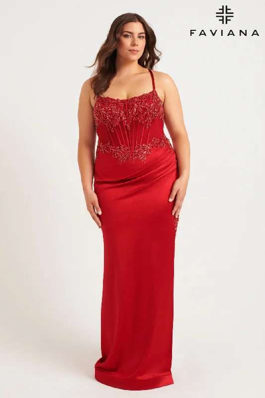 cocktail dresses with floral appliques for spring vibes --Plus Size Beaded Satin Corset Gown by Faviana 9592