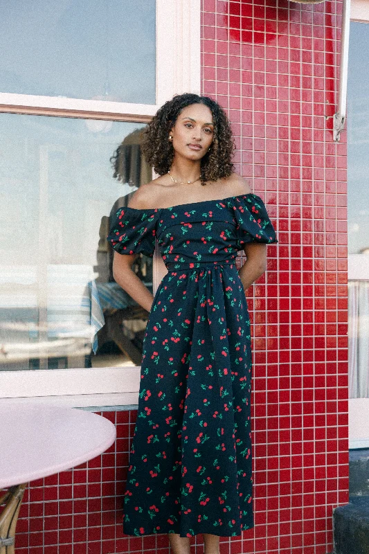 High-waisted spring dresses for a flattering fit -Chlo Puff Sleeve Midi Dress - Cherry Print