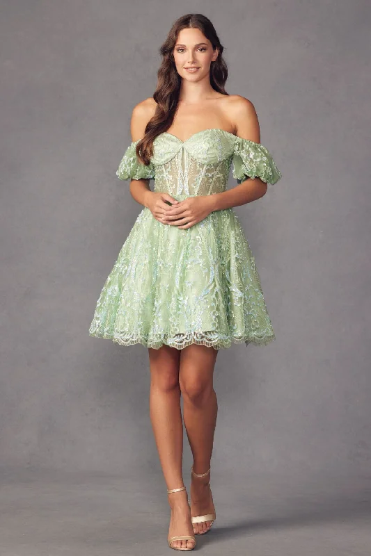 Graduation dresses with floral patterns for a fresh, spring look -Glitter Print Short Off Shoulder Corset Dress by Juliet 891