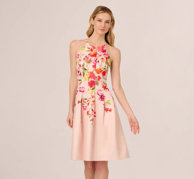 Short spring dresses for warmer days with chic designs -Floral Fit And Flare Halter Midi Dress In Champagne Multi