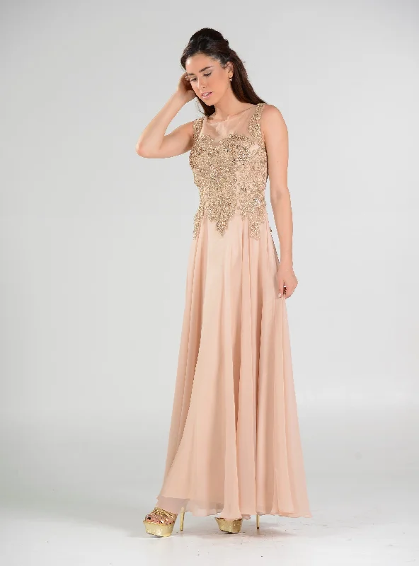 Wedding guest dresses with cap sleeves for a graceful look -Long Chiffon Dress with Lace Applique Bodice by Poly USA 7644