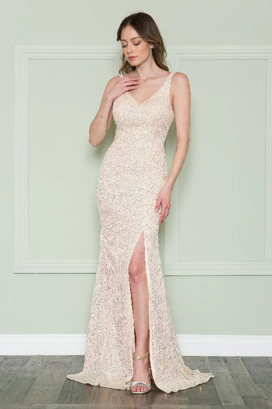 formal dresses for holiday balls with metallic accents --Fitted Sequin Velvet V-Neck Gown by Poly USA 8900