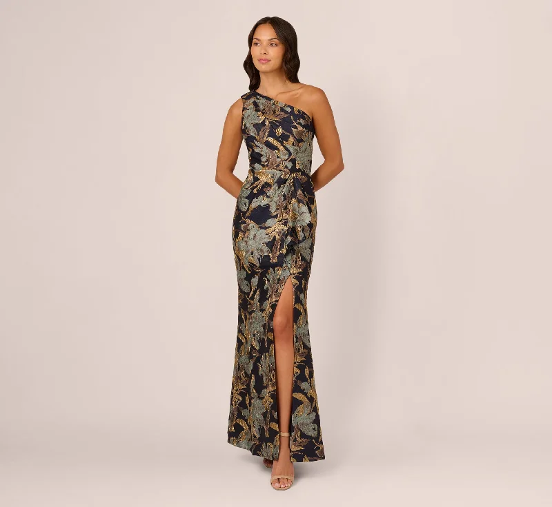 formal dresses with adjustable waist ties for comfort --One Shoulder Jacquard Dress In Blue Gold