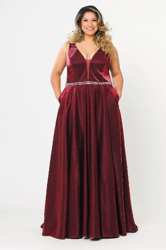 Best wedding guest dresses for destination weddings by the beach -Plus Size Long Satin Deep V-Neck Dress by Poly USA W1062