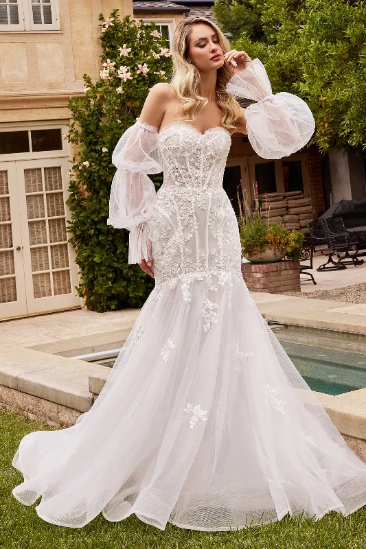 Comfortable wedding guest dresses for long days -Strapless Puff Sleeve Wedding Gown by Ladivine CD858W