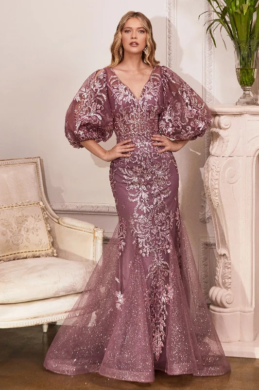 Elegant wedding guest dresses for formal evening events -Puff Sleeve Glitter Gown by Cinderella Divine OC009 - Outlet