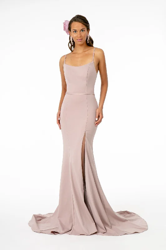 bridesmaid dresses with floral appliques for romantic style --Long Square Neck Jersey Dress with Side Slit by Elizabeth K GL2670