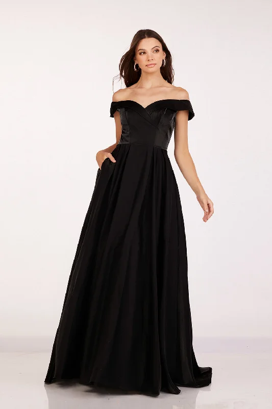 cocktail dresses with mesh necklines for modern appeal --Satin Off Shoulder A-line Gown by Lucci Lu 28063