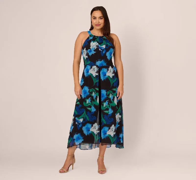 Spring dresses for petite women with unique cuts -Plus Size Floral Print Chiffon Cropped Jumpsuit With Wide Legs In Black Multi