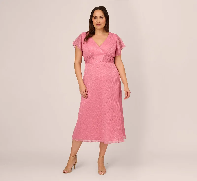 Spring dresses with a ruffle hem for extra flair -Plus Size Crinkle Mesh Midi Dress With Flutter Sleeves In Faded Rose