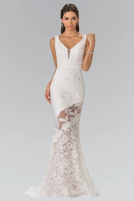 formal dresses with satin sashes for waist accentuation --Long Sleeveless Illusion Cutout Lace Dress by Elizabeth K GL2249