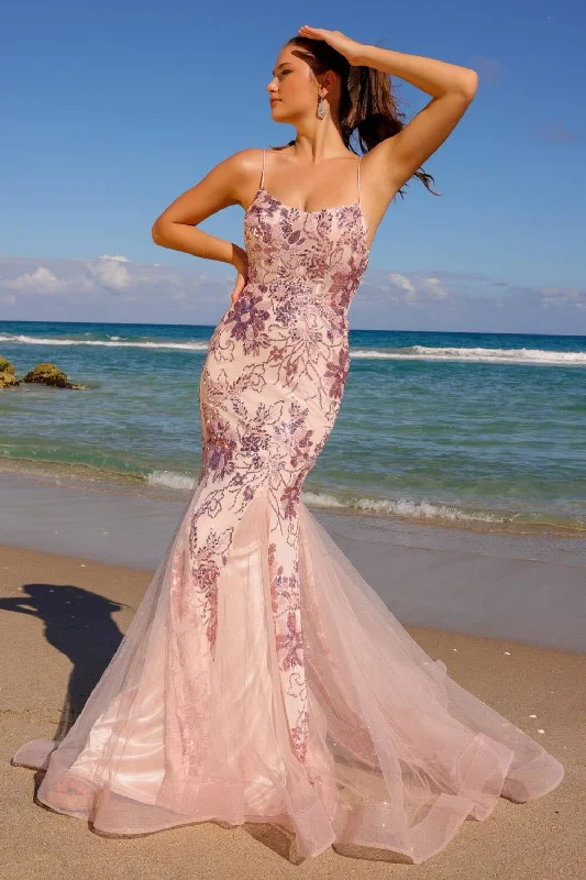 Wedding guest dresses with floral prints for spring weddings -Sequin Print Sleeveless Mermaid Dress by Amelia Couture 7038