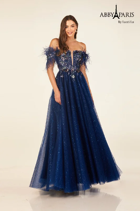 cocktail dresses with lace sleeves for classic elegance --Feather Off Shoulder A-line Gown by Abby Paris 90318