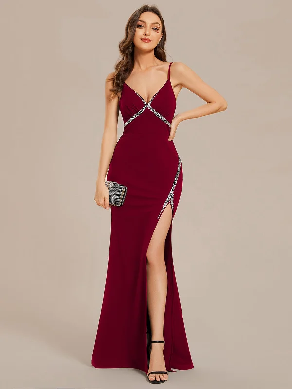 formal dresses for winter weddings with velvet and long sleeves --V Neck Side Split Fishtail Shiny Wholesale Evening Dresses