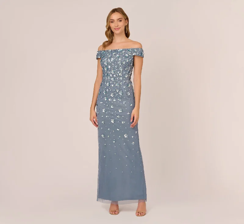 formal dresses for tall women with empire waistlines --Off Shoulder Dress With Floral Embellishment In Vintage Blue