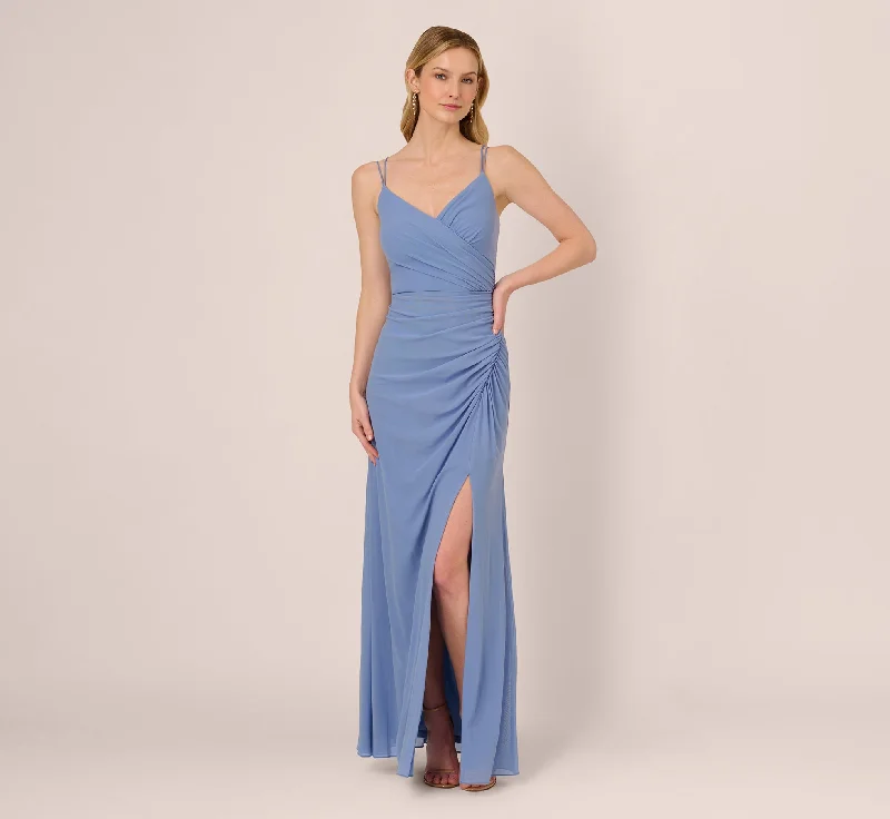 formal dresses for bridesmaids in matching pastel colors --Sleeveless Mesh Gathered And Draped Gown In French Blue