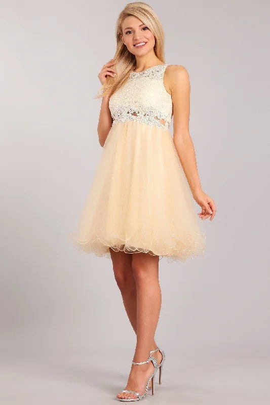 Formal cocktail dresses for wedding receptions -Short Ruffled Dress with Lace Bodice by Cinderella Couture 5010