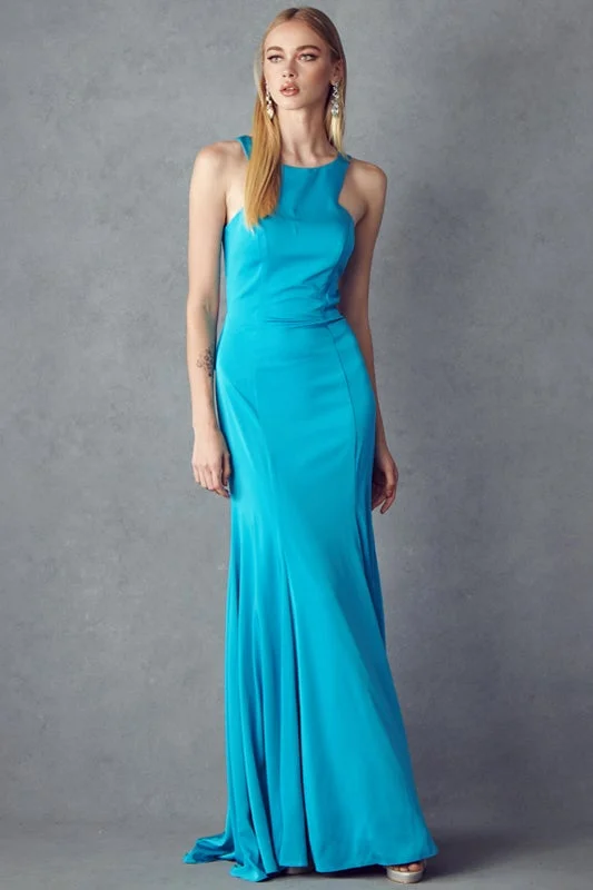 formal dresses with satin fabric for smooth texture --Fitted Sleeveless Gown with Ruffled Back by Juliet 645