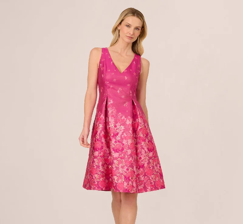 Trendy spring dresses for the office -V Neck Floral Hem Jacquard Midi Dress In Pink Multi