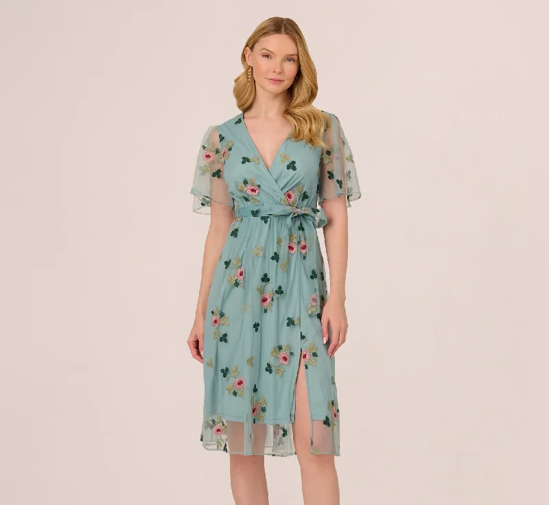Elegant wedding guest dresses with delicate lace detailing -Flutter Sleeve Surplice Embroidered Midi Dress In Slate Multi