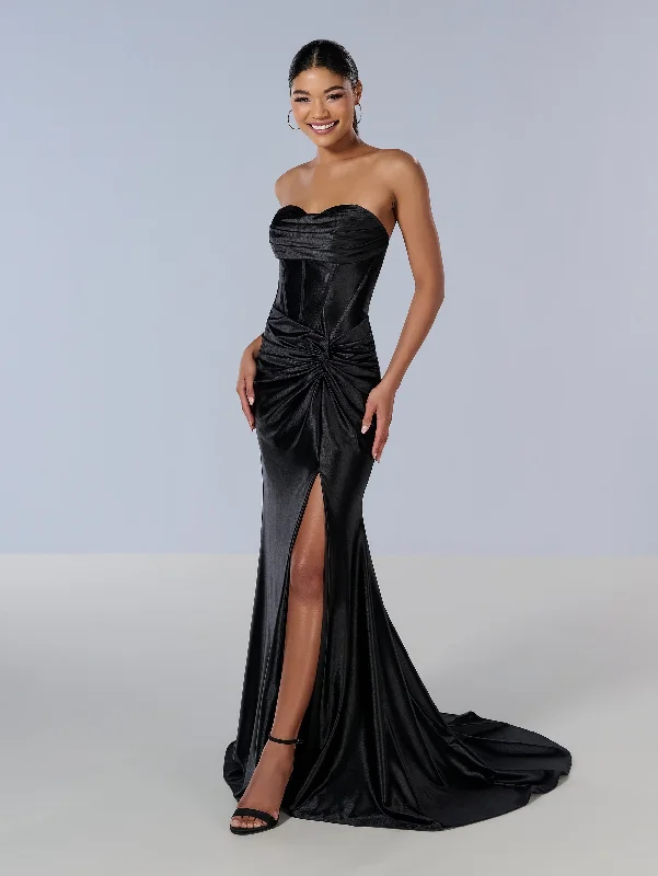 formal dresses for bridesmaids in matching pastel colors --Fitted Strapless Corset Slit Gown by Tiffany Designs 16180