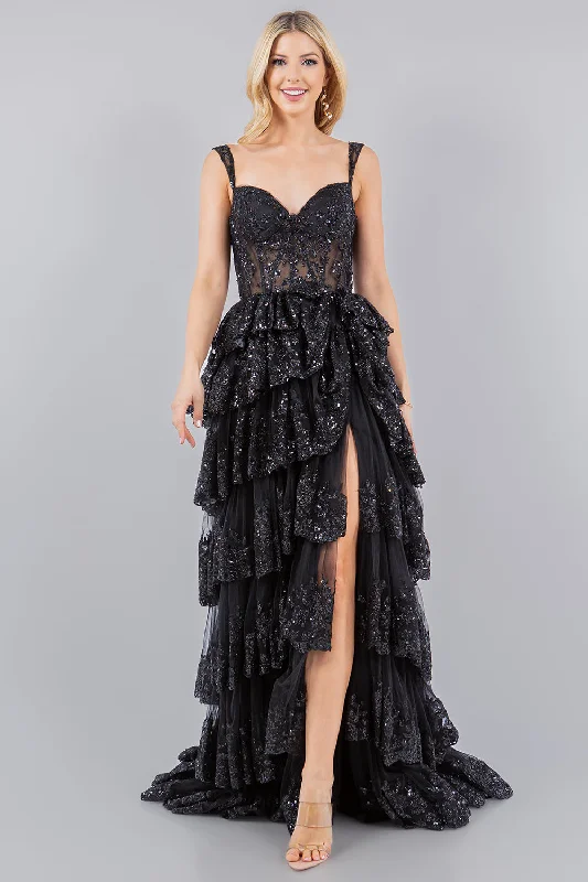 cocktail dresses with open backs for summer parties --Applique Tiered A-line Slit Gown by Cinderella Couture 8093J