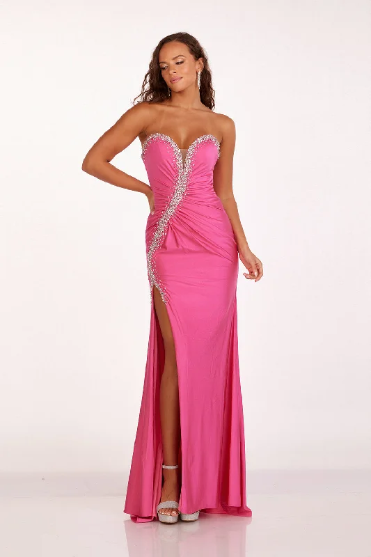 cocktail dresses with velvet bodices for winter glam --Beaded Jersey Strapless Slit Gown by Abby Paris 90258