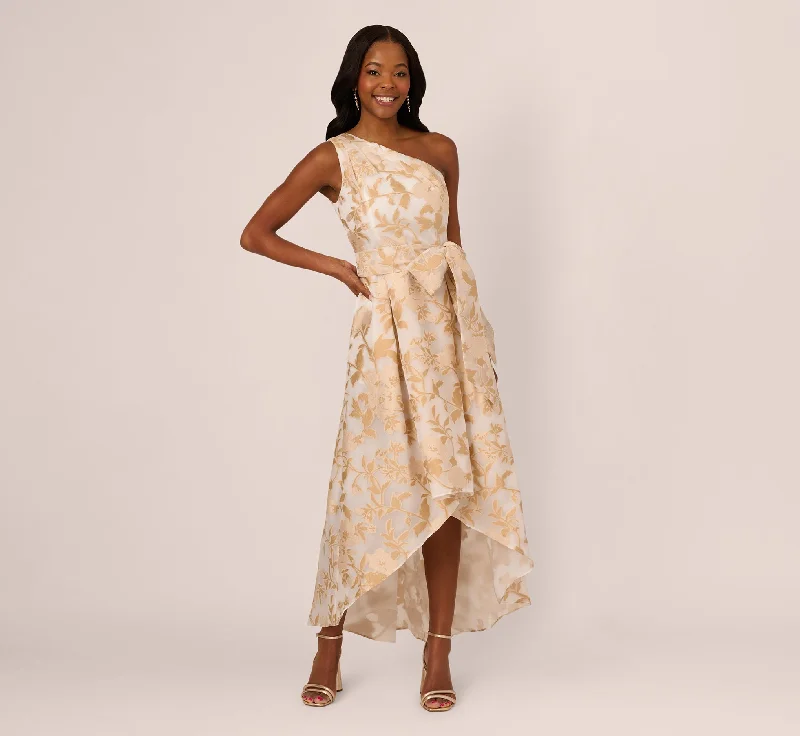 formal dresses with lace necklines for feminine touch --One Shoulder Organza Jacquard High Low Gown In Champagne Ivory