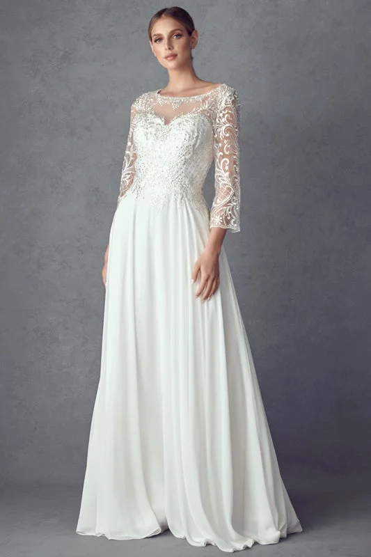 Gorgeous black and white wedding guest dresses -Embroidered 3/4 Sleeve White Gown by Juliet M11-W