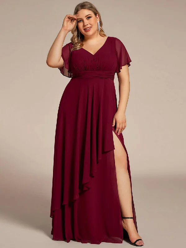formal dresses with asymmetrical hemlines for trendy looks --Plus Side Split V Neck Ruched Wholesale Chiffon Bridesmaid Dresses